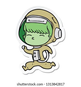 sticker of a cartoon curious running astronaut
