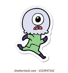 sticker of a cartoon cyclops alien spaceman running