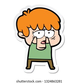 sticker of a cartoon exhausted boy