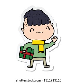 sticker of a cartoon friendly boy with christmas present
