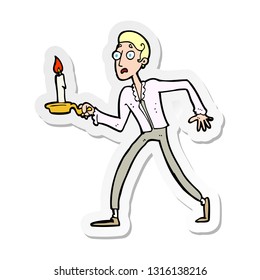 sticker of a cartoon frightened man walking with candlestick