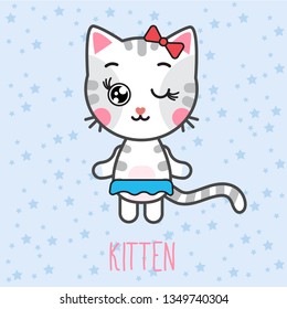 Sticker cartoon girl kitten winks. Cute cat emotion. Baby`s card