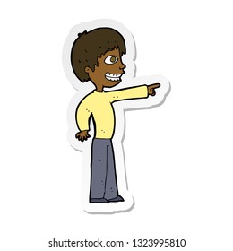 sticker of a cartoon grinning boy pointing