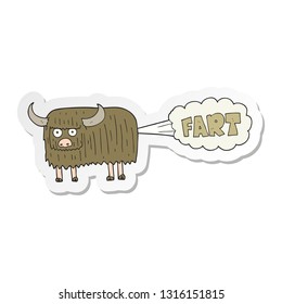 sticker of a cartoon hairy cow farting