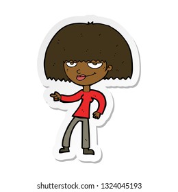 sticker of a cartoon happy woman pointing