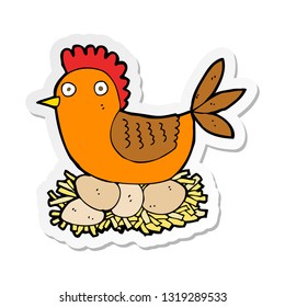 sticker of a cartoon hen on eggs