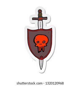 sticker of a cartoon heraldic shield with skull
