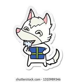 sticker of a cartoon hungry wolf holding christmas present
