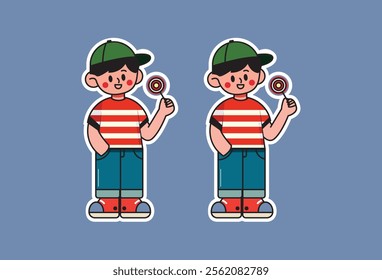 sticker Cartoon icon illustration of a child wearing a hat and holding candy, cute, simple design, can be used for various purposes