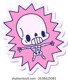 sticker cartoon illustration kawaii electrocuted skeleton in bright neon colors