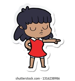 sticker of a cartoon indifferent woman pointing