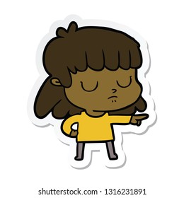 sticker of a cartoon indifferent woman;pointing