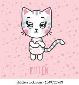 Sticker cartoon kitten doubting. Cute cat emotion. Baby`s card
