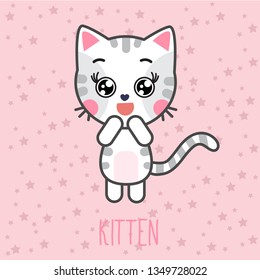 Sticker cartoon kitten feeling happy. Cute cat emotion. Baby`s card
