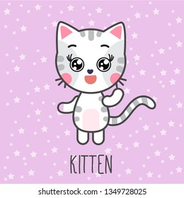 Sticker cartoon kitten feeling happy. Cute cat emotion. Baby`s card