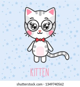 Sticker cartoon kitten with glasses. Cute cat emotion. Baby`s card