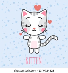 Sticker cartoon kitten loving. Cute cat emotion. Baby`s card