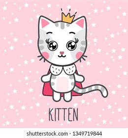 Sticker cartoon kitten queen. Cute cat emotion. Children's card