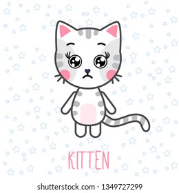 Sticker cartoon kitten saddening. Cute cat emotion. Baby`s card