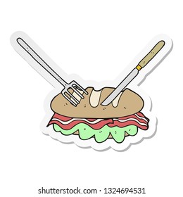 sticker of a cartoon knife and fork cutting huge sandwich