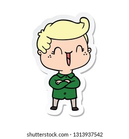 sticker of a cartoon laughing boy crossing arms