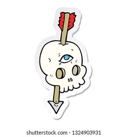 sticker of a cartoon magic skull with arrow through brain