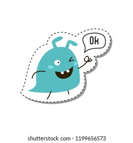 Sticker with cartoon monster. Vector illustration.