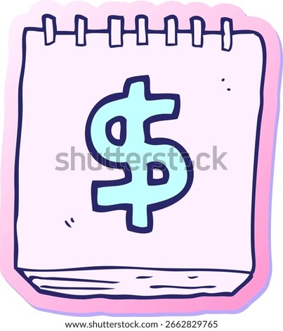 sticker of a cartoon note pad with dollar symbol in bright neon color