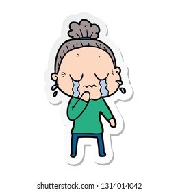 sticker of a cartoon old woman crying