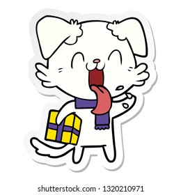sticker of a cartoon panting dog with present