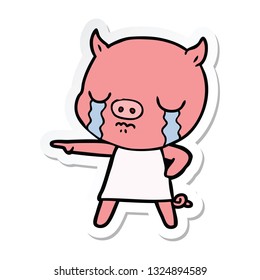 sticker of a cartoon pig crying pointing