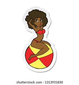 sticker of a cartoon pin up girl sitting on ball