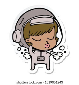 sticker of a cartoon pretty astronaut girl taking off space helmet