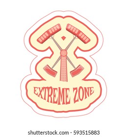 Sticker with cartoon ride double hammer and text extreme zone. Vector illustration.