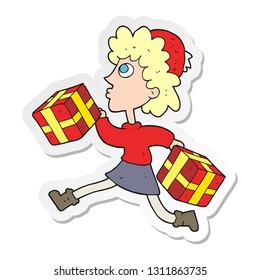 sticker of a cartoon running woman with presents