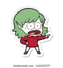 sticker of a cartoon shocked elf girl pointing