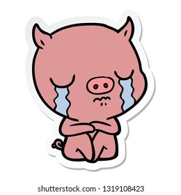 sticker of a cartoon sitting pig crying