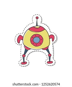 Sticker with cartoon spaceship. Hand drawn sketch. Vector illustration.