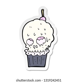 sticker of a cartoon spooky skull cupcake