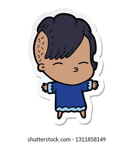 sticker of a cartoon squinting girl