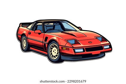 Sticker of a cartoon vintage sports car in red. Vector illustration