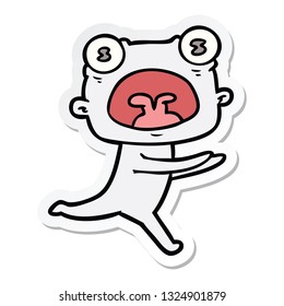 sticker of a cartoon weird alien running away