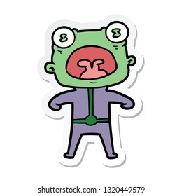 sticker of a cartoon weird alien shouting