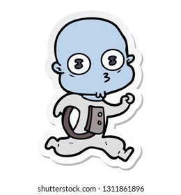 sticker of a cartoon weird bald spaceman running