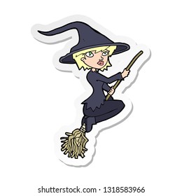 sticker of a cartoon witch riding broomstick