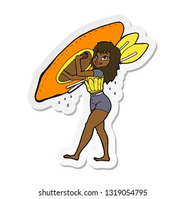 sticker of a cartoon woman carrying canoe