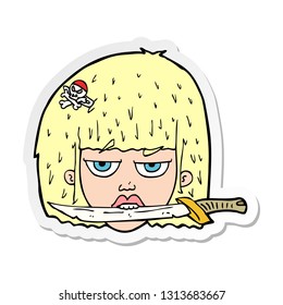 sticker of a cartoon woman holding knife between teeth