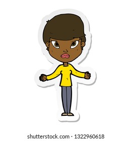 sticker of a cartoon woman shrugging shoulders