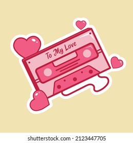 sticker cassette kaset love valentine valentines day vector 90's, for social media and print 