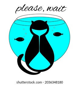 Sticker with cat and aquarium. Please wait. Hourglass inside cat.